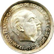 Spain 50 Pesetas Francisco Franco 1957 Issued to commemorate the 1958 Barcelona Exposi- tion with "BA" replacing the star on left side of reverse KM# 788 FRANCISCO FRANCO CAUDILLO DE ESPAÑA POR LA G.DE DIOS 1957 coin obverse Spain 50 Pesetas Francisco Franco 1957 Issued to commemorate the 1958 Barcelona Exposi- tion with "BA" replacing the star on left side of reverse KM# 788 FRANCISCO FRANCO CAUDILLO DE ESPAÑA POR LA G.DE DIOS 1957 coin obverse