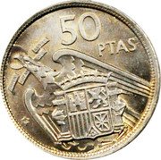 Spain 50 Pesetas Francisco Franco 1957 Issued to commemorate the 1958 Barcelona Exposi- tion with "BA" replacing the star on left side of reverse KM# 788 UNA GRANDE LIBRE 50 PTAS PLUS ULTRA 59 coin reverse Spain 50 Pesetas Francisco Franco 1957 Issued to commemorate the 1958 Barcelona Exposi- tion with "BA" replacing the star on left side of reverse KM# 788 UNA GRANDE LIBRE 50 PTAS PLUS ULTRA 59 coin reverse