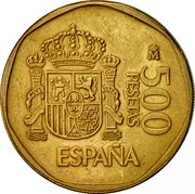 Spain 500 Pesetas Juan Carlos and Sofia 1988 KM# 831 M PLVS VLTRA 500 PESETAS ESPAÑA coin reverse Spain 500 Pesetas Juan Carlos and Sofia 1988 KM# 831 M PLVS VLTRA 500 PESETAS ESPAÑA coin reverse