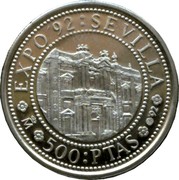 Spain 500 Pesetas La Cartuja 1992 Proof KM# 995 500 PTAS EXPO'92 SEVILLA coin reverse Spain 500 Pesetas La Cartuja 1992 Proof KM# 995 500 PTAS EXPO'92 SEVILLA coin reverse