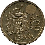 Spain 500 Pesetas Juan Carlos I I Sofia 1995 KM# 924 500 PESETAS M ESPAÑA PLVS VLTRA coin reverse Spain 500 Pesetas Juan Carlos I I Sofia 1995 KM# 924 500 PESETAS M ESPAÑA PLVS VLTRA coin reverse