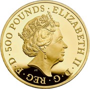 UK 500 Pounds Britannia and the Lion 2021 ELIZABETH II D G REG F D 500 POUNDS JC coin obverse UK 500 Pounds Britannia and the Lion 2021 ELIZABETH II D G REG F D 500 POUNDS JC coin obverse