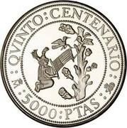Spain 5000 Pesetas Moctezuma Marina and Cortes 1990 Proof KM# 869 QVINTO CENTENARIO 5000 PTAS coin reverse Spain 5000 Pesetas Moctezuma Marina and Cortes 1990 Proof KM# 869 QVINTO CENTENARIO 5000 PTAS coin reverse