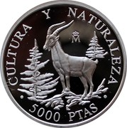 Spain 5000 Pesetas Spanish Ibex 1995 Proof KM# 956 CULTURA Y NATURALEZA M 5000 PTAS coin reverse Spain 5000 Pesetas Spanish Ibex 1995 Proof KM# 956 CULTURA Y NATURALEZA M 5000 PTAS coin reverse