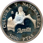 Spain 5000 Pesetas Park Guell 1996 Proof KM# 969 CULTURA Y NATURALEZA M 5000 PTAS coin reverse Spain 5000 Pesetas Park Guell 1996 Proof KM# 969 CULTURA Y NATURALEZA M 5000 PTAS coin reverse