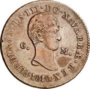 Spain 6 M Ferdinand III Bare Head 1818 KM# 125 6 M FERDINANDUS III D G NAVARRE REX coin obverse Spain 6 M Ferdinand III Bare Head 1818 KM# 125 6 M FERDINANDUS III D G NAVARRE REX coin obverse