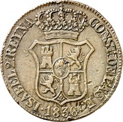 Spain VI Quar 1836 KM# 127 Province Catalonia French Occupation ISABEL 2ª REYNA CONST DE LAS E 1836 coin obverse Spain VI Quar 1836 KM# 127 Province Catalonia French Occupation ISABEL 2ª REYNA CONST DE LAS E 1836 coin obverse