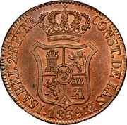 Spain 6 Cuar Catalonia 1839 KM# 128 ISABEL 2ª REYNA CONST DE LAS E 1839 coin obverse Spain 6 Cuar Catalonia 1839 KM# 128 ISABEL 2ª REYNA CONST DE LAS E 1839 coin obverse