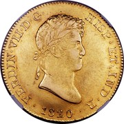 Spain 8 S Ferdinand VII 1820 GJ KM# 485 FERDIN VII D G HISP ET IND R 1820 coin obverse Spain 8 S Ferdinand VII 1820 GJ KM# 485 FERDIN VII D G HISP ET IND R 1820 coin obverse