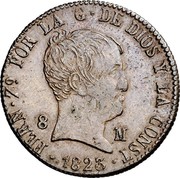 Spain 8 M Fernando VII 1823 KM# 501 FERN 7 POR LA G DE DIOS Y LA CONST 1823 8 M coin obverse Spain 8 M Fernando VII 1823 KM# 501 FERN 7 POR LA G DE DIOS Y LA CONST 1823 8 M coin obverse