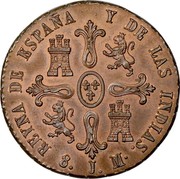 Spain 8 Maravedis Isabel II 1835 KM# 512.1 REYNA DE ESPAÑA Y DE LAS INDIAS J 8M coin reverse Spain 8 Maravedis Isabel II 1835 KM# 512.1 REYNA DE ESPAÑA Y DE LAS INDIAS J 8M coin reverse