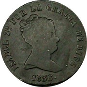 Spain 8 Maravedis Isabel II 1836 KM# 512.3 ISABEL 2A POR LA GRACIA DE DIOS 1836 coin obverse Spain 8 Maravedis Isabel II 1836 KM# 512.3 ISABEL 2A POR LA GRACIA DE DIOS 1836 coin obverse