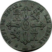 Spain 8 Maravedis Isabel II 1836 KM# 512.3 REYNA DE ESPANA Y DE LAS INDIAS 8 M coin reverse Spain 8 Maravedis Isabel II 1836 KM# 512.3 REYNA DE ESPANA Y DE LAS INDIAS 8 M coin reverse