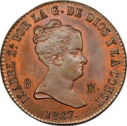 Spain 8 Maravedis Isabel II 1837 KM# 531.3 ISABEL 2A POR LA G DE DIOS Y LA CONST 1837 8 M coin obverse Spain 8 Maravedis Isabel II 1837 KM# 531.3 ISABEL 2A POR LA G DE DIOS Y LA CONST 1837 8 M coin obverse