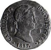 Spain 8 Maravedis Ferdinand VII 1837 KM# 516 CAROLUS V D G HISP REX 8 1837 coin obverse Spain 8 Maravedis Ferdinand VII 1837 KM# 516 CAROLUS V D G HISP REX 8 1837 coin obverse