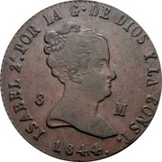 Spain 8 Maravedis Isabel II 1844 KM# 531.2 ISABEL 2A POR LA G DE DIOS Y LA CONST 1844 8M coin obverse Spain 8 Maravedis Isabel II 1844 KM# 531.2 ISABEL 2A POR LA G DE DIOS Y LA CONST 1844 8M coin obverse