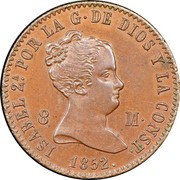 Spain 8 Maravedis Isabel II 1852 KM# 531.1 ISABEL 2 POR LA G DE DIOS Y LA CONST 8 M 1852 coin obverse Spain 8 Maravedis Isabel II 1852 KM# 531.1 ISABEL 2 POR LA G DE DIOS Y LA CONST 8 M 1852 coin obverse