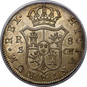 Spain 8 Reales Ferdinand VII 1808 S CN KM# 451 HISPANIARUM REX 8 R S CN coin reverse