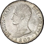 Spain 8 Reales Joseph Napolean 1809 IG KM# 454 JOSEPH NAP DEI GRATIA 1809 coin obverse Spain 8 Reales Joseph Napolean 1809 IG KM# 454 JOSEPH NAP DEI GRATIA 1809 coin obverse
