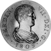 Spain 8 Reales Ferdinand VII 1809 MP KM# 455.1 FERDIN VII DEI G 1809 coin obverse Spain 8 Reales Ferdinand VII 1809 MP KM# 455.1 FERDIN VII DEI G 1809 coin obverse