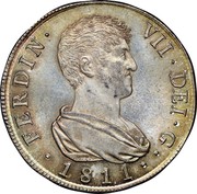 Spain 8 Reales Ferdinand VII 1811 V SG KM# 455.2 FERDIN VII DEI G 1811 coin obverse Spain 8 Reales Ferdinand VII 1811 V SG KM# 455.2 FERDIN VII DEI G 1811 coin obverse