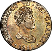 Spain 8 R Ferdinand VII 1812 IJ KM# 477 FERDINANDUS VII DEI GRATIA 1812 coin obverse Spain 8 R Ferdinand VII 1812 IJ KM# 477 FERDINANDUS VII DEI GRATIA 1812 coin obverse