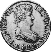 Spain 8 Reales Ferdinand VII 1813 SF KM# 466.1 FERDIN VII DEI GRATIA 1813 coin obverse Spain 8 Reales Ferdinand VII 1813 SF KM# 466.1 FERDIN VII DEI GRATIA 1813 coin obverse