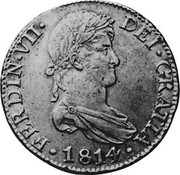 Spain 8 Reales Ferdinand VII 1814 CJ KM# 466.2 FERDIN VII DEI GRATIA 1814 coin obverse Spain 8 Reales Ferdinand VII 1814 CJ KM# 466.2 FERDIN VII DEI GRATIA 1814 coin obverse
