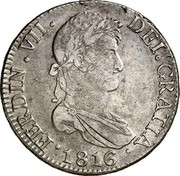 Spain 8 Reales 1816 S CJ KM# 466.4 Milled Real Coinage FERDIN VII DEI GRATIA 1816 coin obverse Spain 8 Reales 1816 S CJ KM# 466.4 Milled Real Coinage FERDIN VII DEI GRATIA 1816 coin obverse