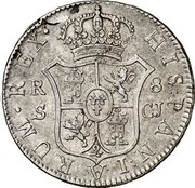 Spain 8 Reales 1816 S CJ KM# 466.4 Milled Real Coinage HISPANIARUM REX 8 R S CJ coin reverse Spain 8 Reales 1816 S CJ KM# 466.4 Milled Real Coinage HISPANIARUM REX 8 R S CJ coin reverse