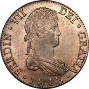 Spain 8 Reales Ferdinand VII 1818 GJ KM# 466.3 FERDIN VII DEI GRATIA 1818 coin obverse Spain 8 Reales Ferdinand VII 1818 GJ KM# 466.3 FERDIN VII DEI GRATIA 1818 coin obverse