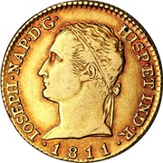 Spain 80 R Joseph Napolean 1811 AI KM# 552 IOSEPH NAP D G HISP ET IND R 1811 coin obverse Spain 80 R Joseph Napolean 1811 AI KM# 552 IOSEPH NAP D G HISP ET IND R 1811 coin obverse