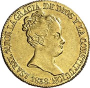 Spain 80 Rs 1838 S PS KM# 580 Milled Real Coinage ISABEL 2ª POR LA GRACIA DE DIOS Y LA CONSTITUCION 1838 coin obverse Spain 80 Rs 1838 S PS KM# 580 Milled Real Coinage ISABEL 2ª POR LA GRACIA DE DIOS Y LA CONSTITUCION 1838 coin obverse