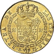 Spain 80 Rs 1838 S PS KM# 580 Milled Real Coinage REYNA DE LAS ESPAÑAS B PS 80 RS coin reverse Spain 80 Rs 1838 S PS KM# 580 Milled Real Coinage REYNA DE LAS ESPAÑAS B PS 80 RS coin reverse