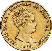 Spain 80 Rs Isabel II 1844 B PS KM# A579 ISABEL 2º POR LA GRACIA DE DIOS Y LA CONST 1844 coin obverse Spain 80 Rs Isabel II 1844 B PS KM# A579 ISABEL 2º POR LA GRACIA DE DIOS Y LA CONST 1844 coin obverse