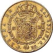 Spain 80 Rs Isabel II 1844 B PS KM# A579 REYNA DE LAS ESPAÑAS B PS 80 RS coin reverse Spain 80 Rs Isabel II 1844 B PS KM# A579 REYNA DE LAS ESPAÑAS B PS 80 RS coin reverse