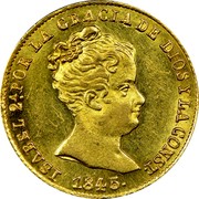 Spain 80 Rs Isabel II 1845 S PS KM# 578.1 ISABEL 2ª POR LA GRACIA DE DIOS Y LA CONST 1845 coin obverse Spain 80 Rs Isabel II 1845 S PS KM# 578.1 ISABEL 2ª POR LA GRACIA DE DIOS Y LA CONST 1845 coin obverse