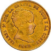 Spain 80 Rs (Isabel II) KM# 578.2 ISABEL 2A POR LA GRACIA DE DIOS Y LA CONST 1845 coin obverse Spain 80 Rs (Isabel II) KM# 578.2 ISABEL 2A POR LA GRACIA DE DIOS Y LA CONST 1845 coin obverse