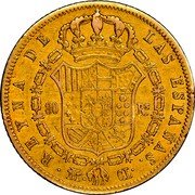 Spain 80 Rs (Isabel II) KM# 578.2 REYNA DE LAS ESPAÑAS M CL 80 RS coin reverse Spain 80 Rs (Isabel II) KM# 578.2 REYNA DE LAS ESPAÑAS M CL 80 RS coin reverse