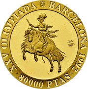 Spain 80000 Pesetas Balthasar Charles 1990 Proof. Uncirculated strikes have medallic die alignment and edges with reeded and plain sections; Proof strikes have coin die alignment and reeded edges KM# 880 XXV OLIMPIADA M BARCELONA 1992 80000 PTAS coin reverse Spain 80000 Pesetas Balthasar Charles 1990 Proof. Uncirculated strikes have medallic die alignment and edges with reeded and plain sections; Proof strikes have coin die alignment and reeded edges KM# 880 XXV OLIMPIADA M BARCELONA 1992 80000 PTAS coin reverse