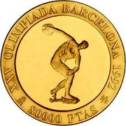 Spain 80000 Pesetas Discobolus 1990 Proof. Uncirculated strikes have medallic die alignment and edges with reeded and plain sections; Proof strikes have coin die alignment and reeded edges KM# 879 XXV OLIMPIADA BARCELONA 1992 M 80000 PTAS coin reverse Spain 80000 Pesetas Discobolus 1990 Proof. Uncirculated strikes have medallic die alignment and edges with reeded and plain sections; Proof strikes have coin die alignment and reeded edges KM# 879 XXV OLIMPIADA BARCELONA 1992 M 80000 PTAS coin reverse
