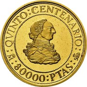 Spain 80000 Pesetas Carlos III 1991 Proof KM# 902 QVINTO CENTENARIO M 80000 PTAS 500 coin reverse Spain 80000 Pesetas Carlos III 1991 Proof KM# 902 QVINTO CENTENARIO M 80000 PTAS 500 coin reverse