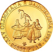 Spain 80000 Pesetas The Puppet 1991 Proof. Uncirculated strikes have medallic die alignment and edges with reeded and plain sections; Proof strikes have coin die alignment and reeded edges KM# 901 XXV OLIMPIADA M BARCELONA 1992 80000 PTAS coin reverse Spain 80000 Pesetas The Puppet 1991 Proof. Uncirculated strikes have medallic die alignment and edges with reeded and plain sections; Proof strikes have coin die alignment and reeded edges KM# 901 XXV OLIMPIADA M BARCELONA 1992 80000 PTAS coin reverse
