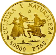 Spain 80000 Pesetas Culture and Nature - Blind Man's Bluff 1996 Proof KM# 972 CULTURA Y NATURALEZA M 80000 PTAS coin reverse Spain 80000 Pesetas Culture and Nature - Blind Man's Bluff 1996 Proof KM# 972 CULTURA Y NATURALEZA M 80000 PTAS coin reverse