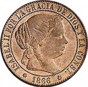 Spain Centimo Isabel II 1866 KM# 633.1 ISABEL II POR LA GRACIA DE DIOS ET LA CONST. 1867 coin obverse Spain Centimo Isabel II 1866 KM# 633.1 ISABEL II POR LA GRACIA DE DIOS ET LA CONST. 1867 coin obverse