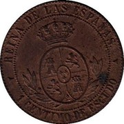 Spain Centimo 1866 KM# 633.4 Second Decimal Coinage REINA DE LAS ESPANAS. 1 CENTIMO DE ESCUDO OM coin reverse Spain Centimo 1866 KM# 633.4 Second Decimal Coinage REINA DE LAS ESPANAS. 1 CENTIMO DE ESCUDO OM coin reverse