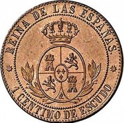 Spain Centimo Isabel II 1866 KM# 633.1 REINA DE LAS ESPANAS. 1 CENTIMO DE ESCUDO OM coin reverse Spain Centimo Isabel II 1866 KM# 633.1 REINA DE LAS ESPANAS. 1 CENTIMO DE ESCUDO OM coin reverse