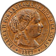 Spain Centimo Isabel II 1867 OM KM# 633.2 ISABEL II POR LA GRACIA DE DIOS ET LA CONST. 1867 coin obverse Spain Centimo Isabel II 1867 OM KM# 633.2 ISABEL II POR LA GRACIA DE DIOS ET LA CONST. 1867 coin obverse