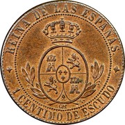 Spain Centimo Isabel II 1867 OM KM# 633.2 REINA DE LAS ESPANAS. 1 CENTIMO DE ESCUDO OM coin reverse Spain Centimo Isabel II 1867 OM KM# 633.2 REINA DE LAS ESPANAS. 1 CENTIMO DE ESCUDO OM coin reverse