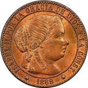 Spain Centimo Isabel II 1868 OM KM# 633.5 ISABEL II POR LA GRACIA DE DIOS Y LA CONST 1868 coin obverse Spain Centimo Isabel II 1868 OM KM# 633.5 ISABEL II POR LA GRACIA DE DIOS Y LA CONST 1868 coin obverse